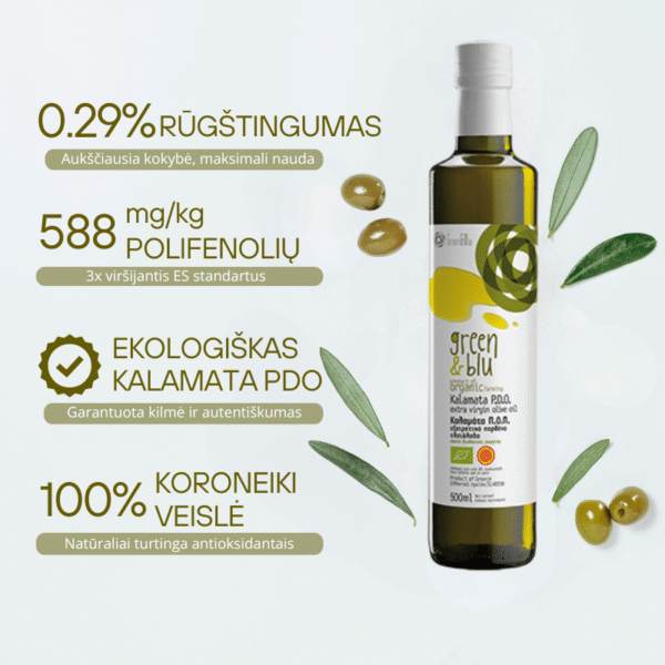 Ekologiškas KALAMATA PDO ypač tyras alyvuogių aliejus 500ml butelis
