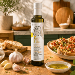 Ekologiškas alyvuogių aliejus su česnaku - 250 ml