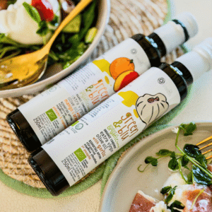 Ekologiškas alyvuogių aliejus su mango ir apelsinais ir česnaku