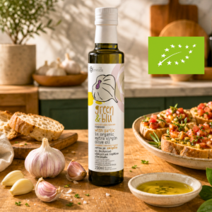 Ekologiškas ypač tyras alyvuogių aliejus su česnaku - 250 ml
