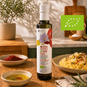 Ekologiškas ypač tyras alyvuogių aliejus su šafranu - 250 ml