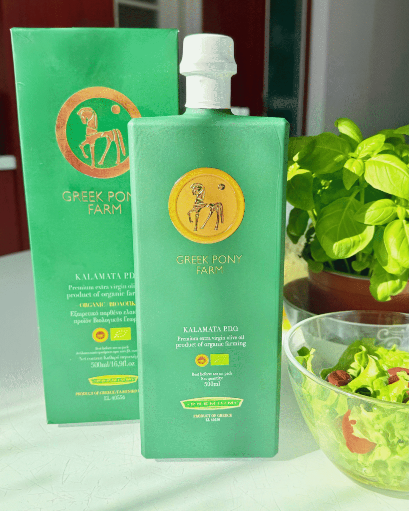 Greek Pony Farm 500 ml – Premium Organic ypač tyras alyvuogių aliejus dovanų dėžutė (Kalamata PDO, 100% Koroneiki)
