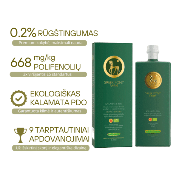 PREMIUM ekologiškas Kalamata PDO sertifikuotas ypač tyras alyvuogių aliejus 500ml dovanų dėžutė - Image 2