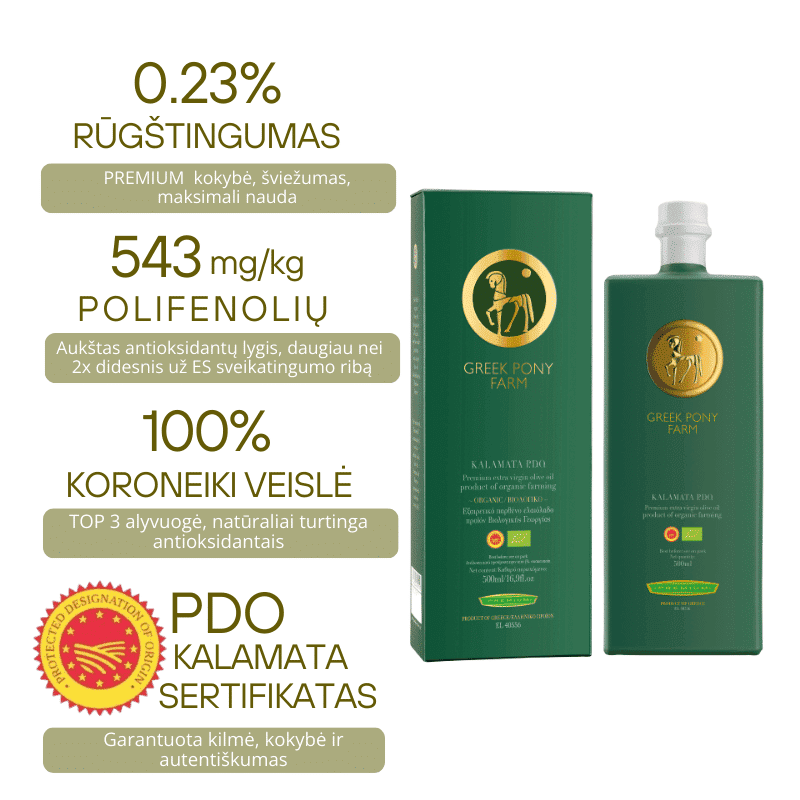 PREMIUM ekologiškas Kalamata PDO ypač tyras alyvuogių aliejus 500ml dovanų dėžutė