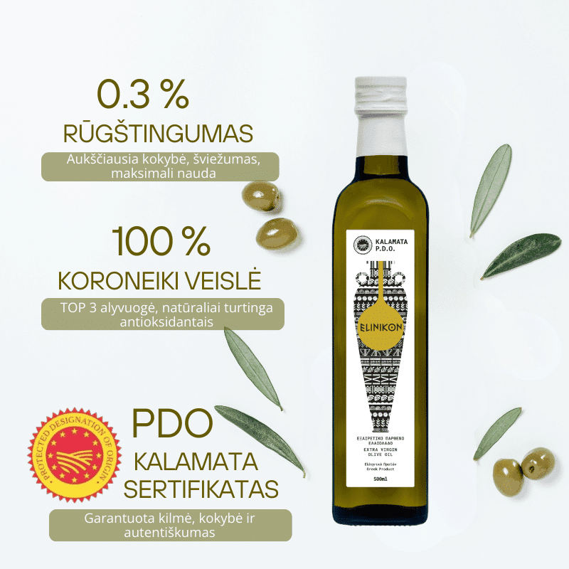 KALAMATA PDO ypač tyras alyvuogių aliejus (EXTRA VIRGIN) 500ml 'Elinikon' - Image 2