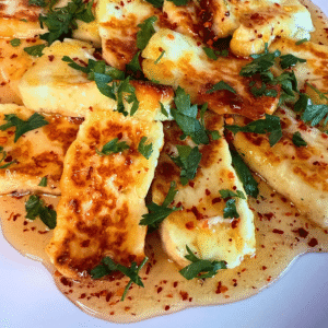 Halloumi sūris keptas alyvuogių aliejuje su medumi ir čili dribsniais