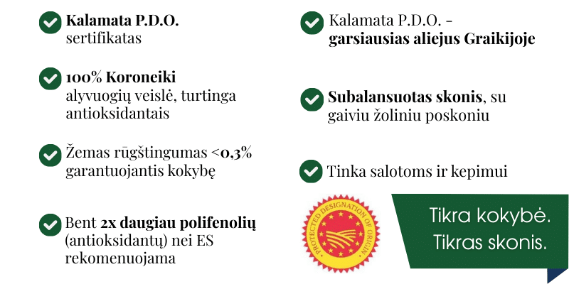 Kalamata P.D.O. alyvuogių aliejaus sąvybės