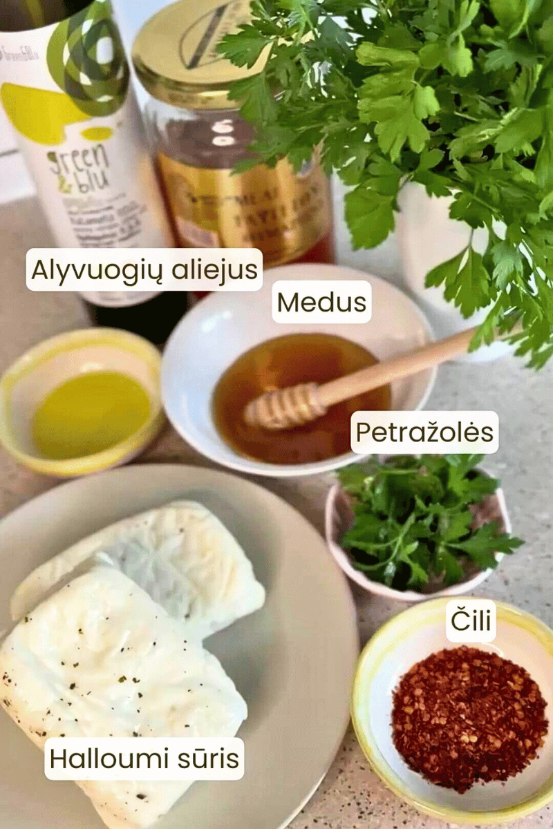 halloumi sūris keptas su medumi ir cili ingredientai v2 halloumi sūris keptas su medumi ir cili ingredientai