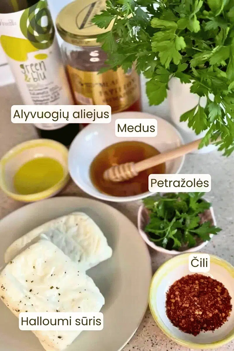 halloumi sūris keptas su medumi ir cili ingredientai 