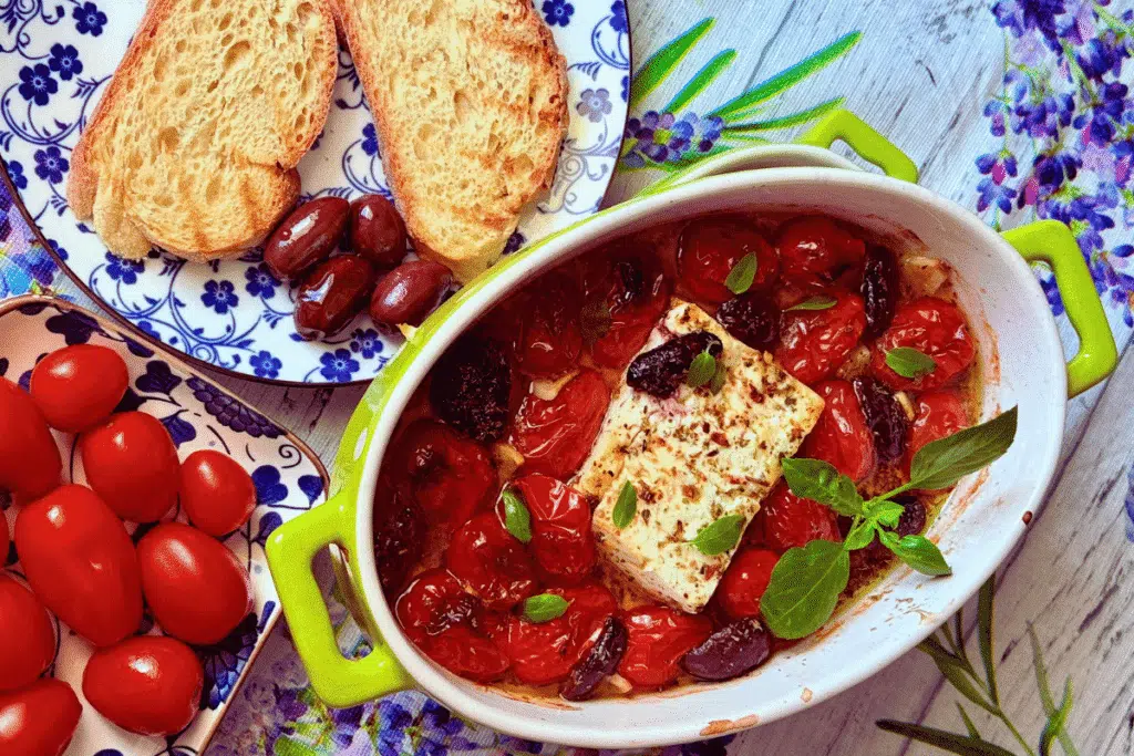Kepta Feta su Pomidorais, Kalamata Alyvuogėmis ir Alyvuogių Aliejumi Receptas + Video