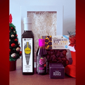 Dovanų dėžutė „Graikijos Skoniai Kalėdoms“: alyvuogių aliejus, Kalamata alyvuogės, balzaminiai akcentai