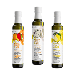 Populiariausias rinkinys ekologiškas ypač tyras alyvuogių aliejus su skoniais (mango ir apelsinas, česnakas, citrina)