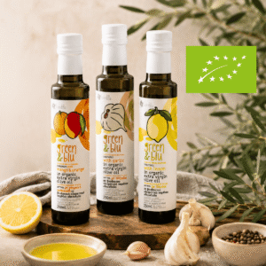 Populiariausias rinkinys: ekologiškas ypač tyras alyvuogių aliejus su skoniais (mango ir apelsinas, česnakas, citrina)