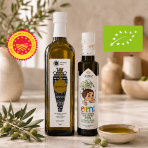 Kalamata PDO ir Kretos ekologiško alyvuogių aliejaus duetas