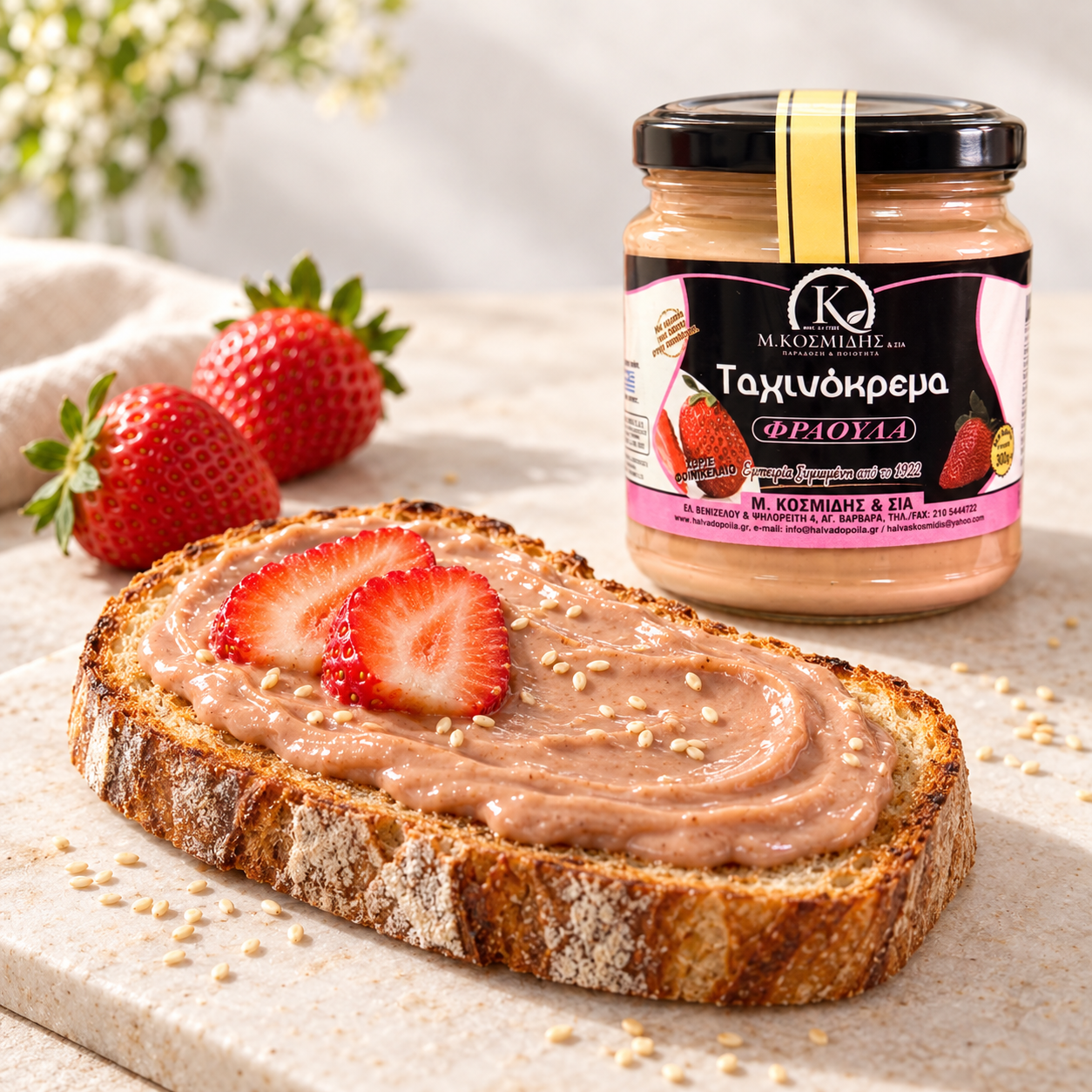 Sezamų kremas tahini su braškėmis 300g